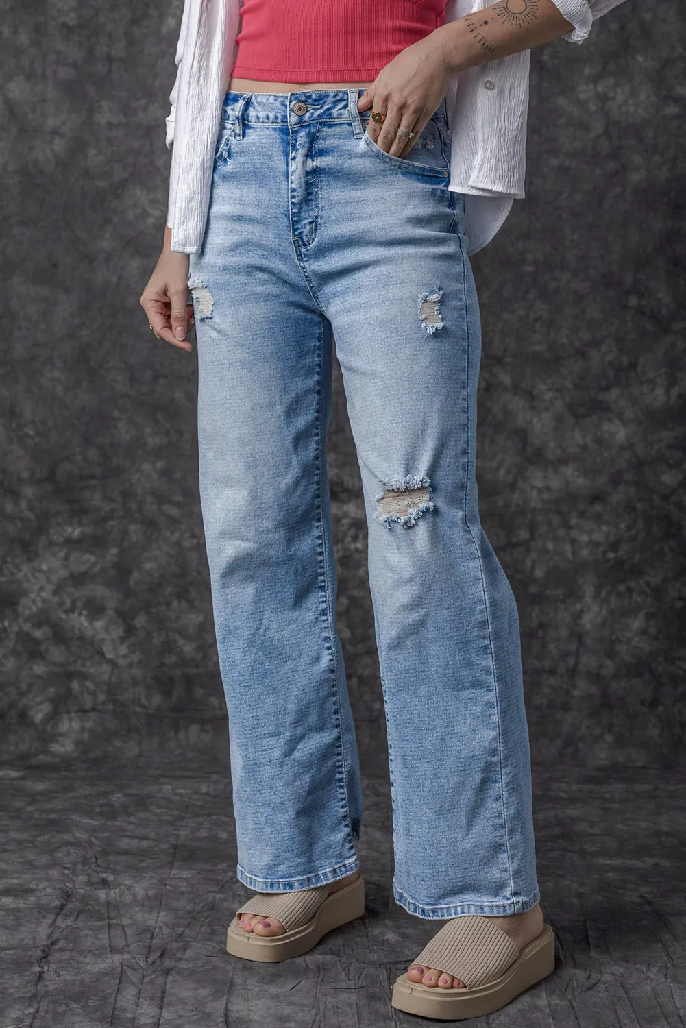 High Rise Distressed Straight Leg Jeans