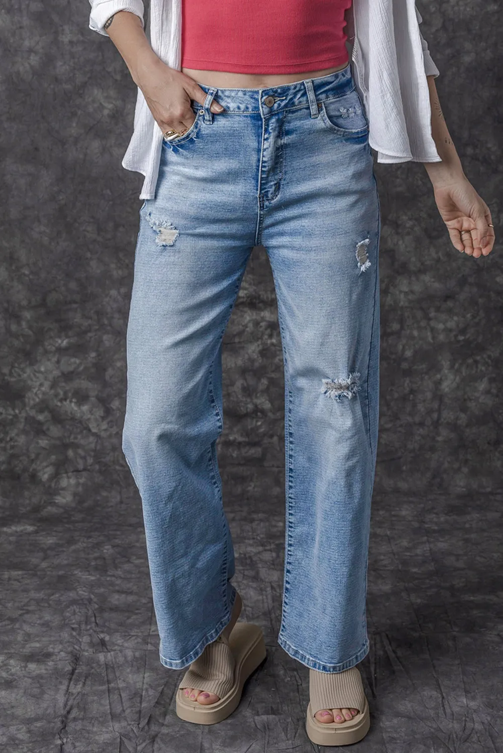 High Rise Distressed Straight Leg Jeans