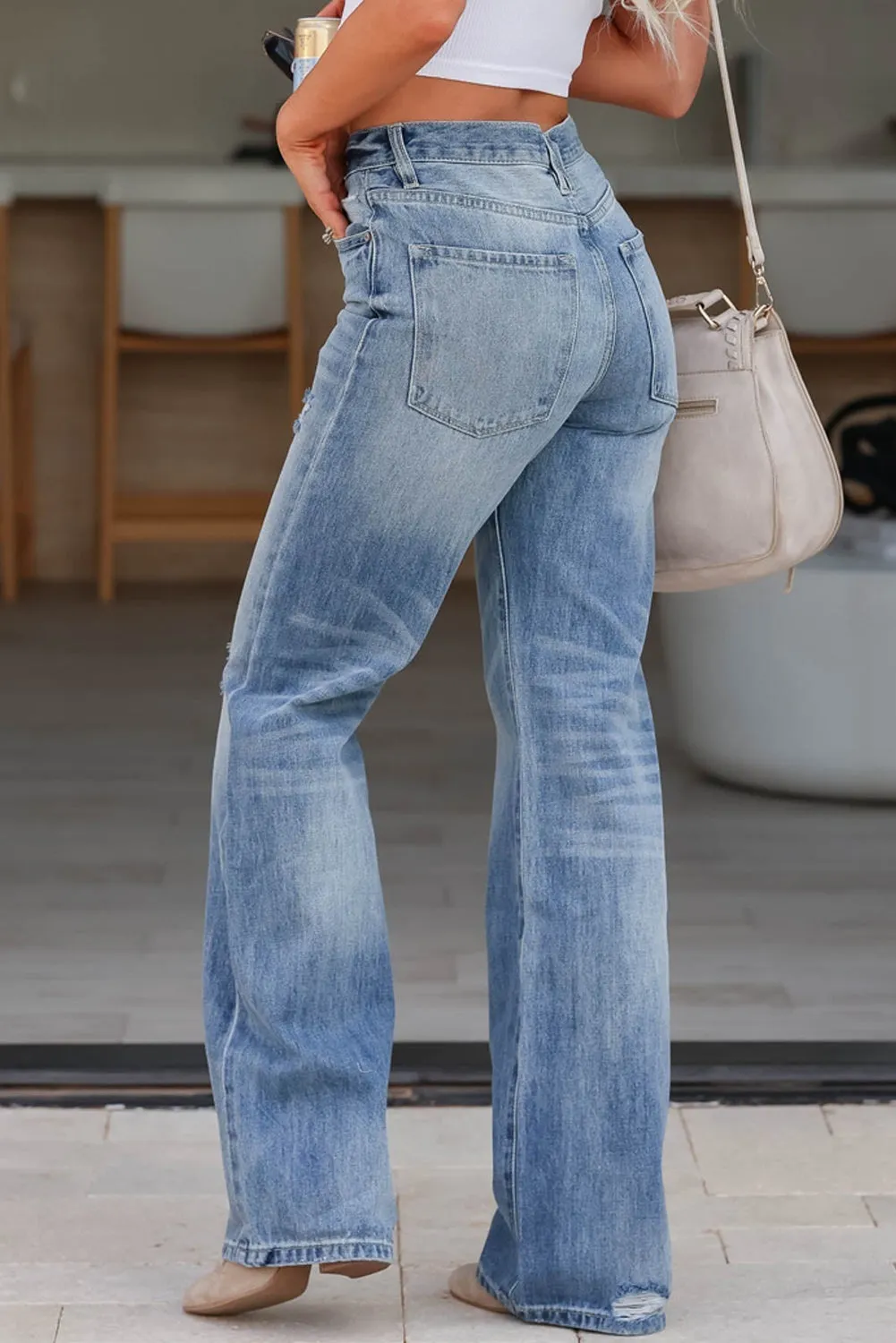 High Rise Distressed Straight Leg Jeans