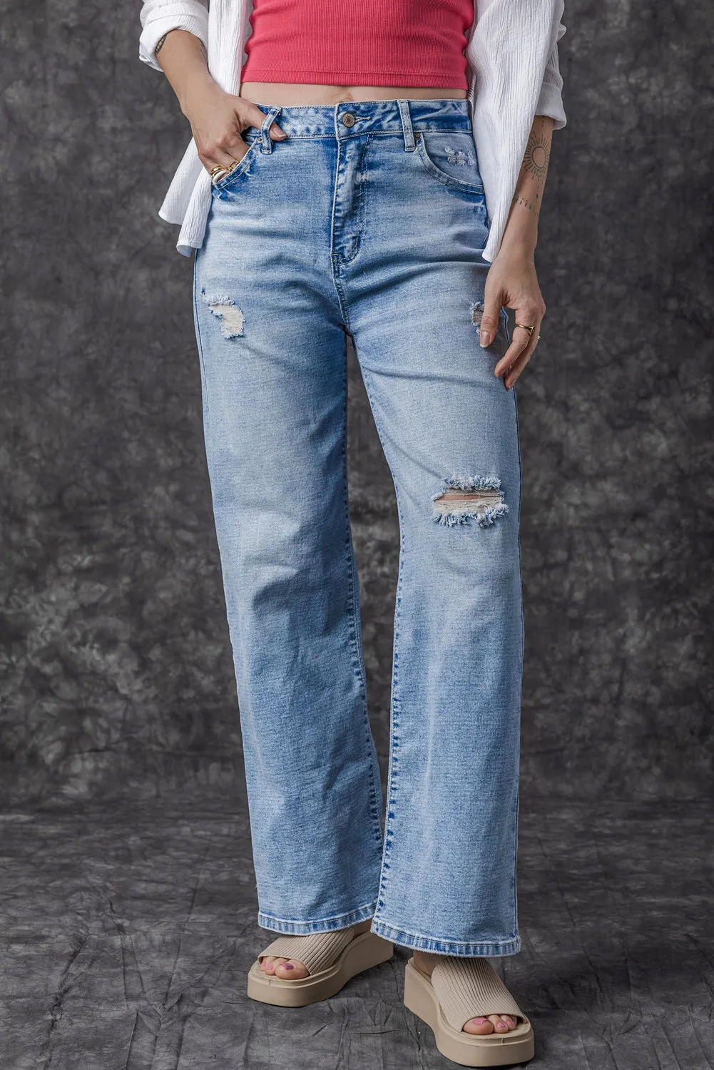 High Rise Distressed Straight Leg Jeans