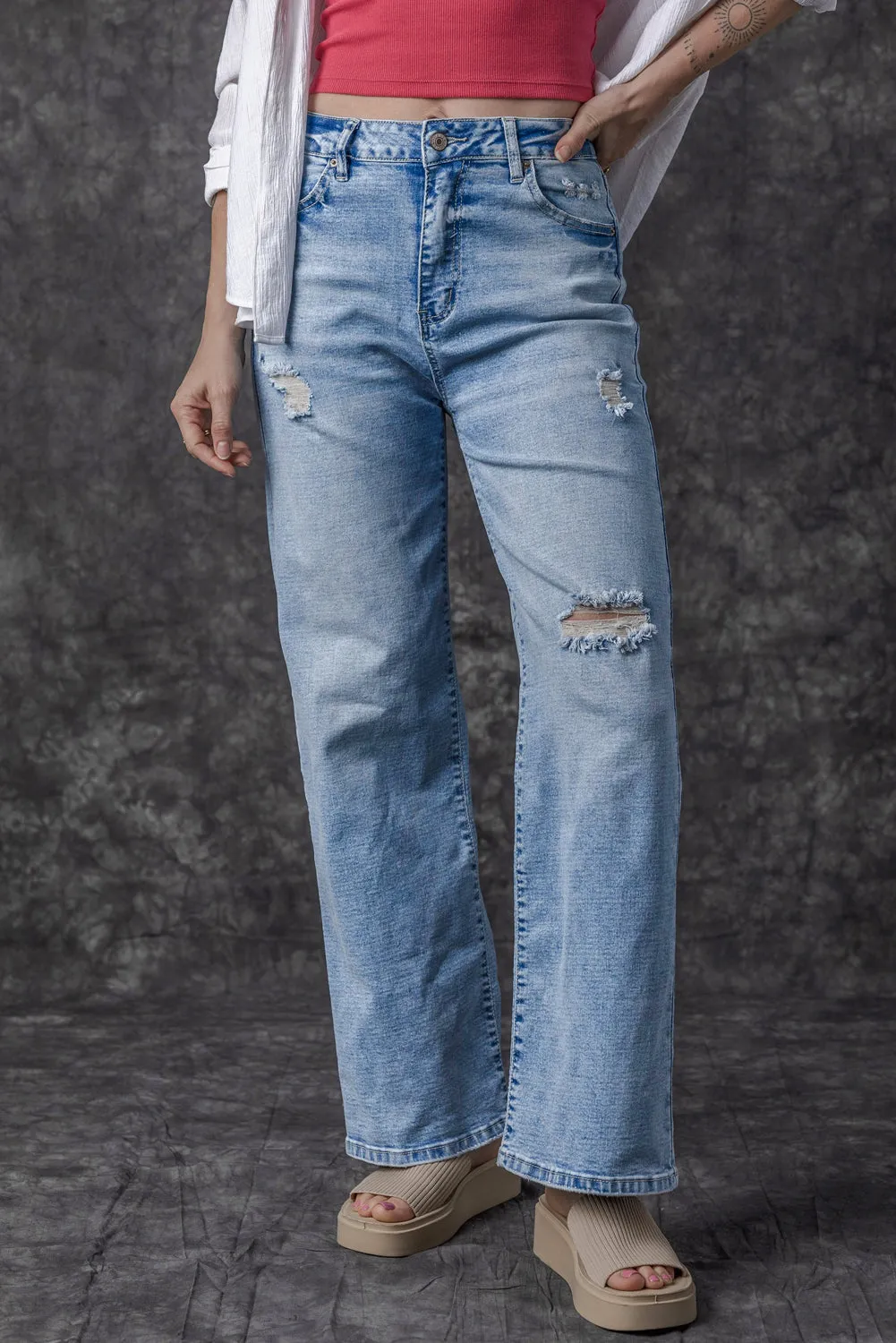 High Rise Distressed Straight Leg Jeans