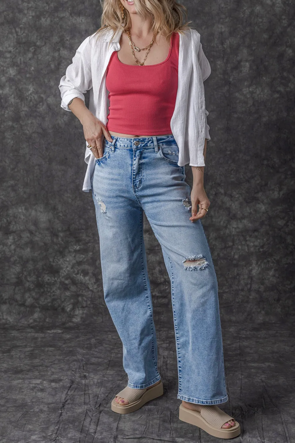 High Rise Distressed Straight Leg Jeans