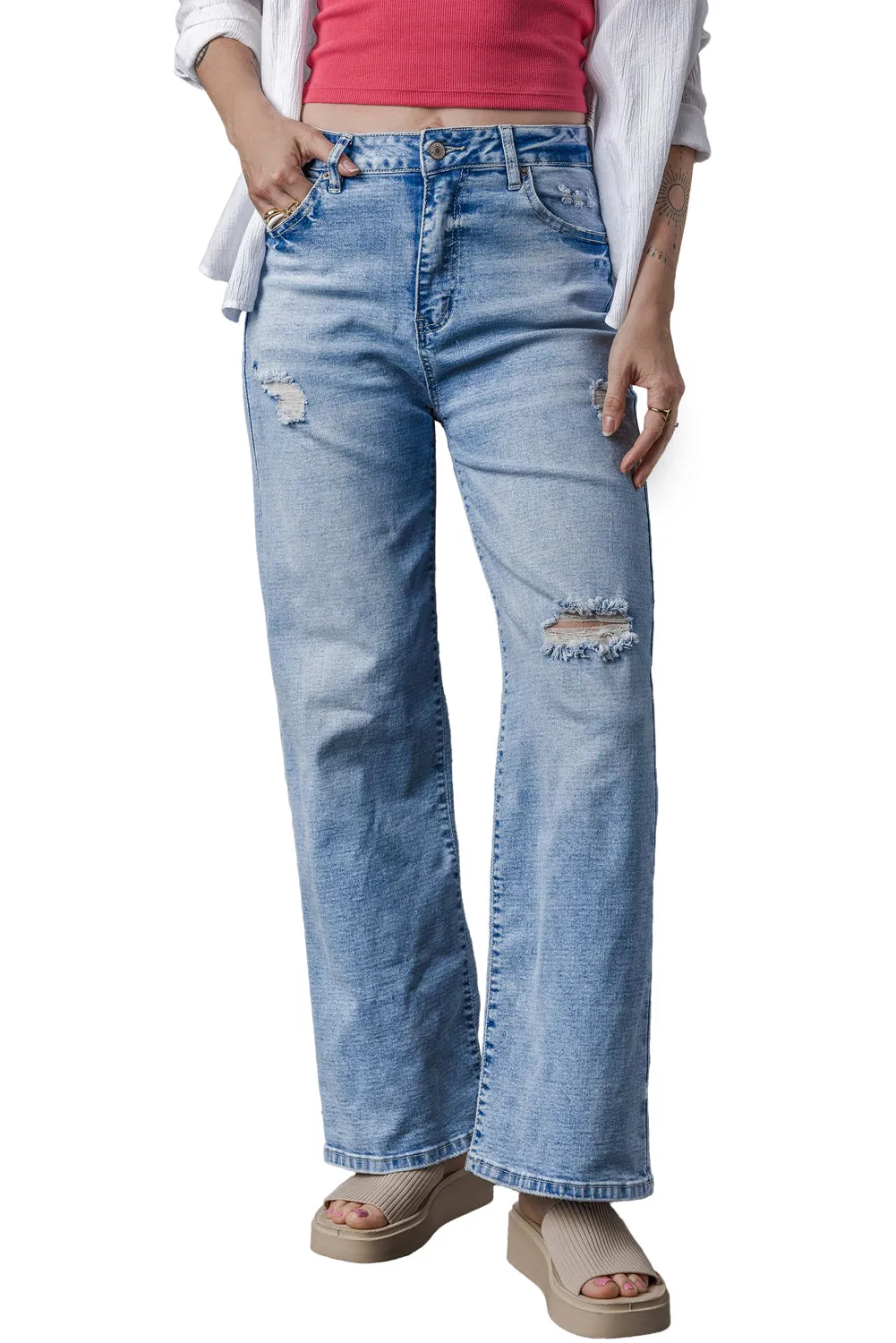 High Rise Distressed Straight Leg Jeans