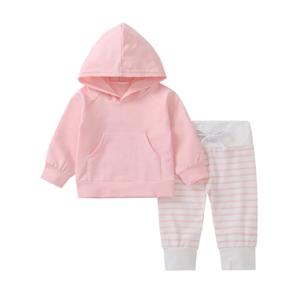 Infant Baby Girls Solid Hooded Tops Sweatshirt Striped Pants Outfits Set