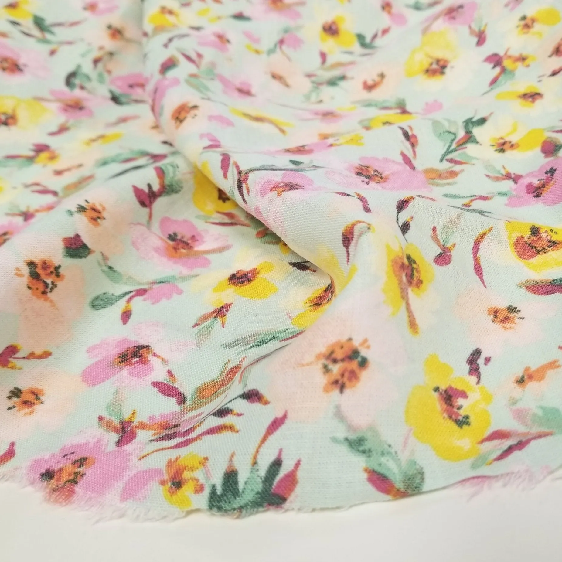 LA Finch 5 yard precut: 5 yards of Designer Deadstock Mint and Pink Floral Cotton Linen Woven-