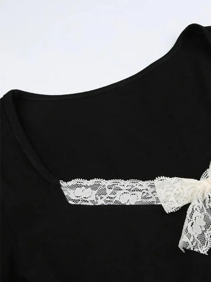 Lace Trim Bow Splice V Neck Long Sleeve Tee