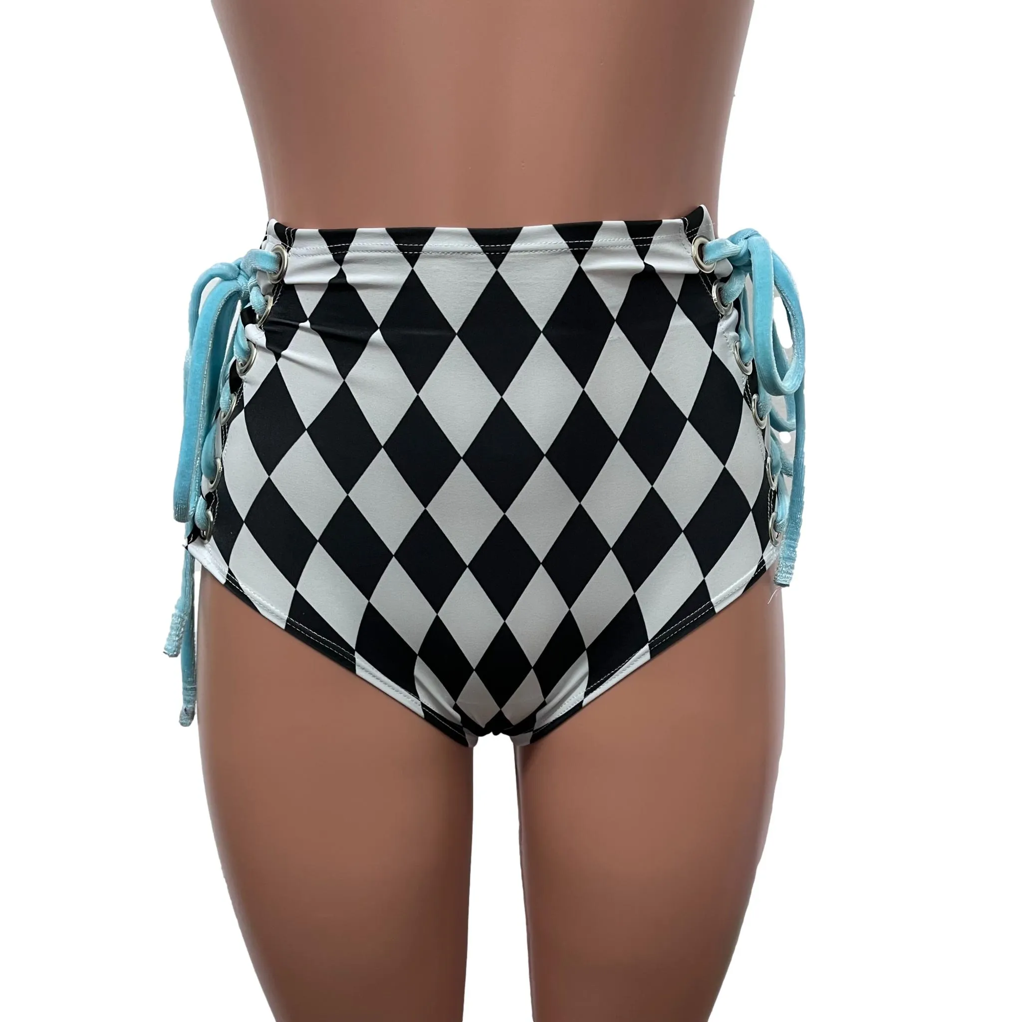 Lace-Up High Waist Scrunch Bikini - Black & White Harlequin