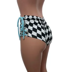 Lace-Up High Waist Scrunch Bikini - Black & White Harlequin