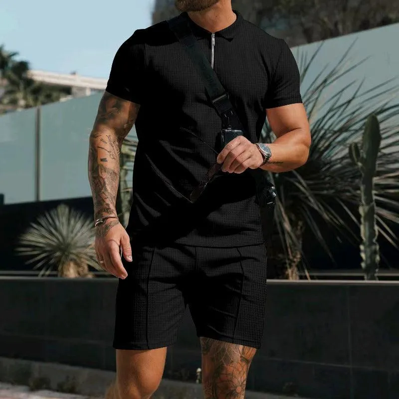 Men's Short Sleeve Shorts Casual Suit Summer Waffle Solid Color Casual Loose Lapels T-shirt Suit Men