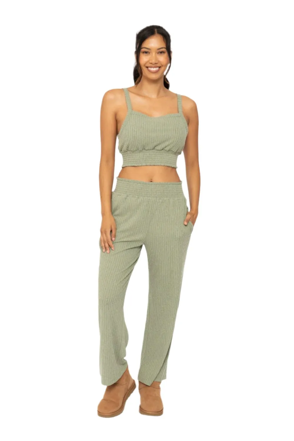 Mono B Smocked Waistband Ribbed Wide Leg Pants KP5021