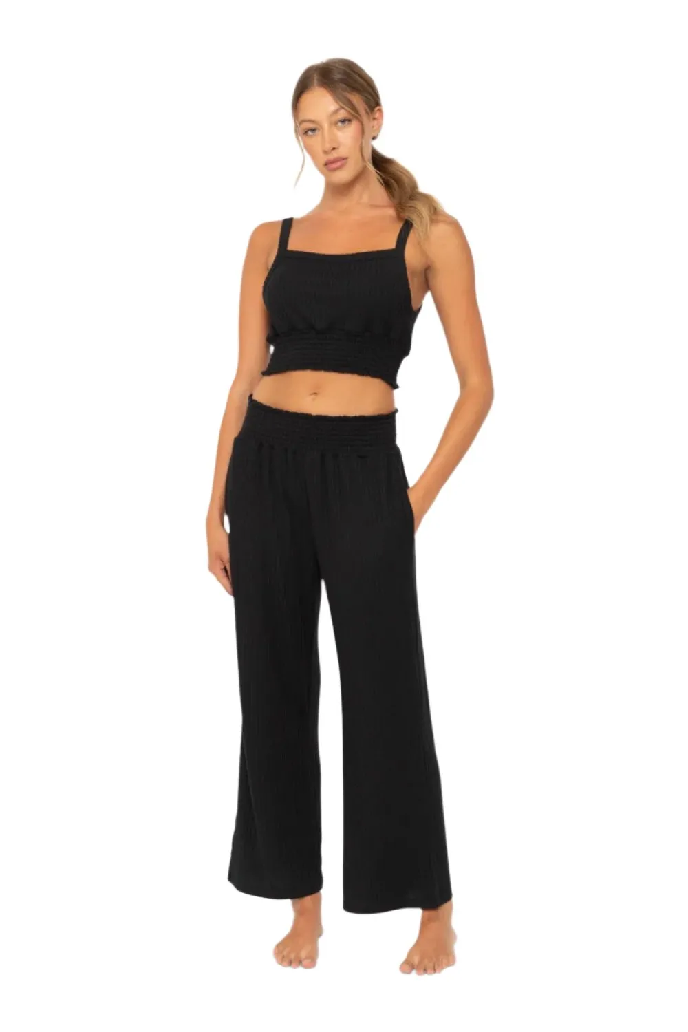 Mono B Smocked Waistband Ribbed Wide Leg Pants KP5021