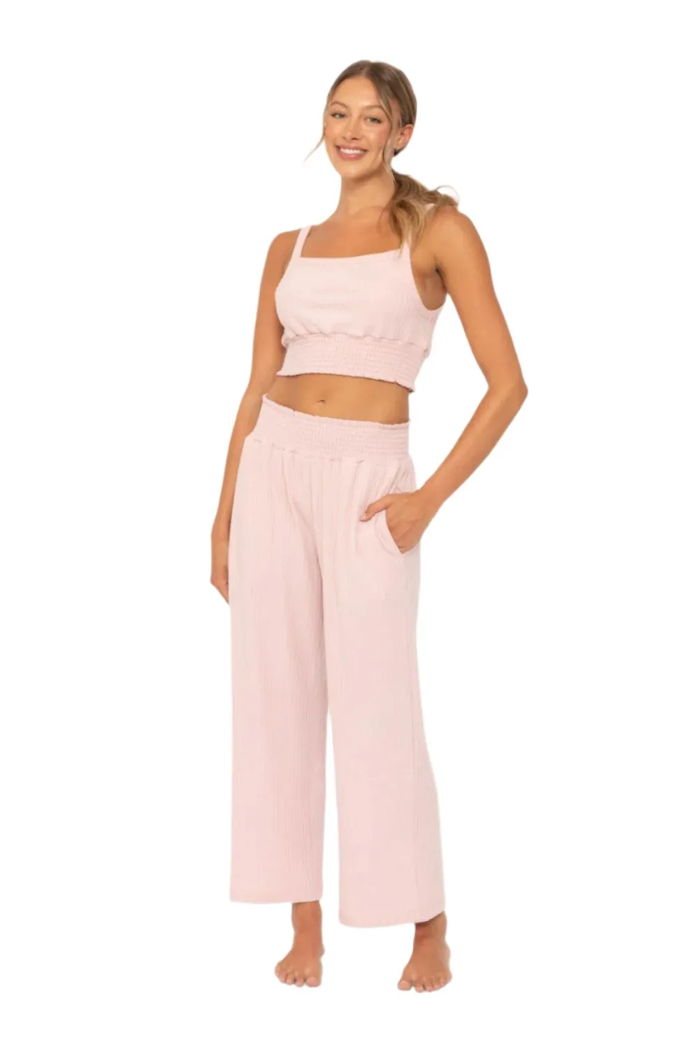 Mono B Smocked Waistband Ribbed Wide Leg Pants KP5021