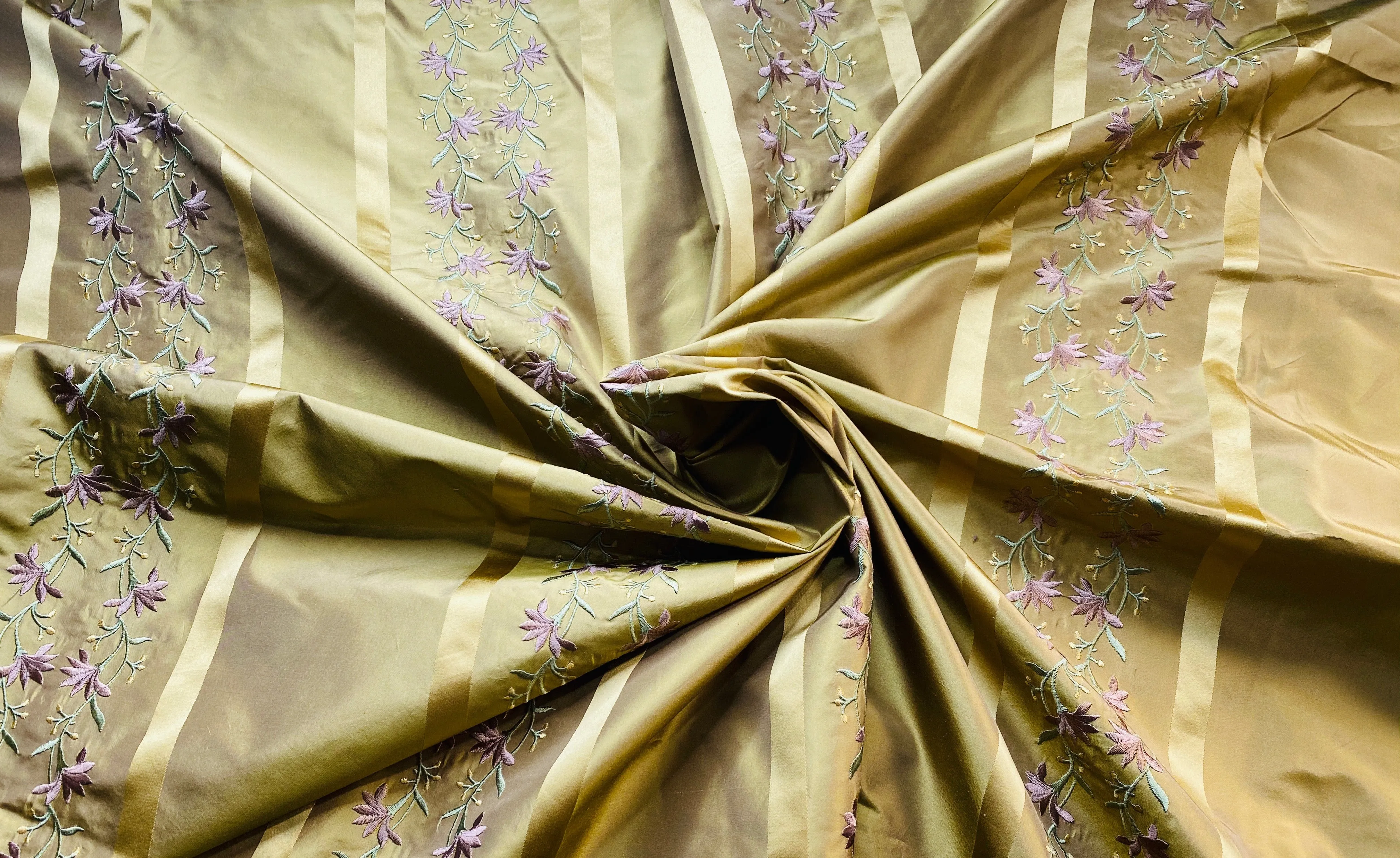 NEW Duchess Adele Designer 100% Silk Taffeta Ribbon Stripe Embroidered Floral Fabric in Gold and Lavender