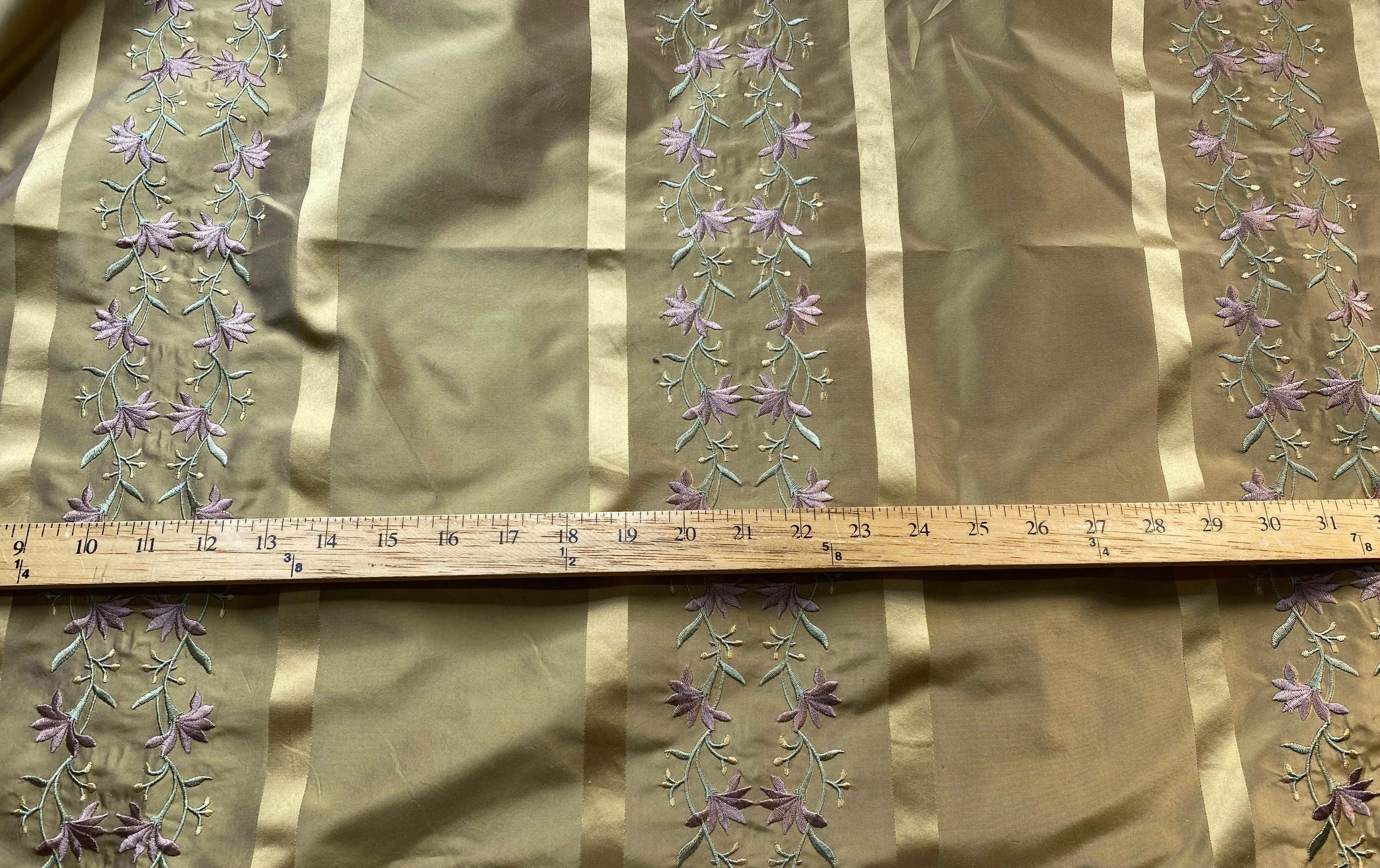 NEW Duchess Adele Designer 100% Silk Taffeta Ribbon Stripe Embroidered Floral Fabric in Gold and Lavender