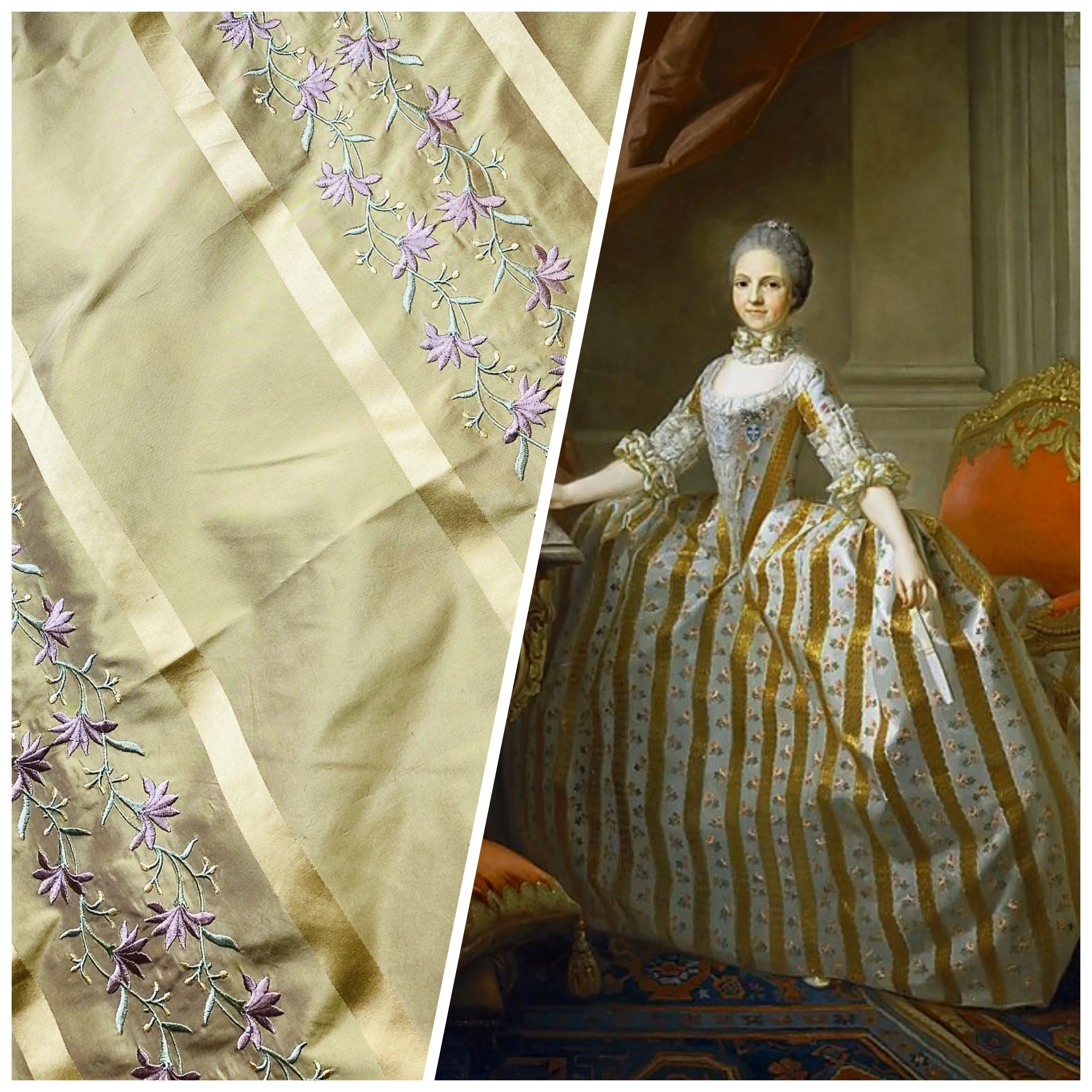 NEW Duchess Adele Designer 100% Silk Taffeta Ribbon Stripe Embroidered Floral Fabric in Gold and Lavender