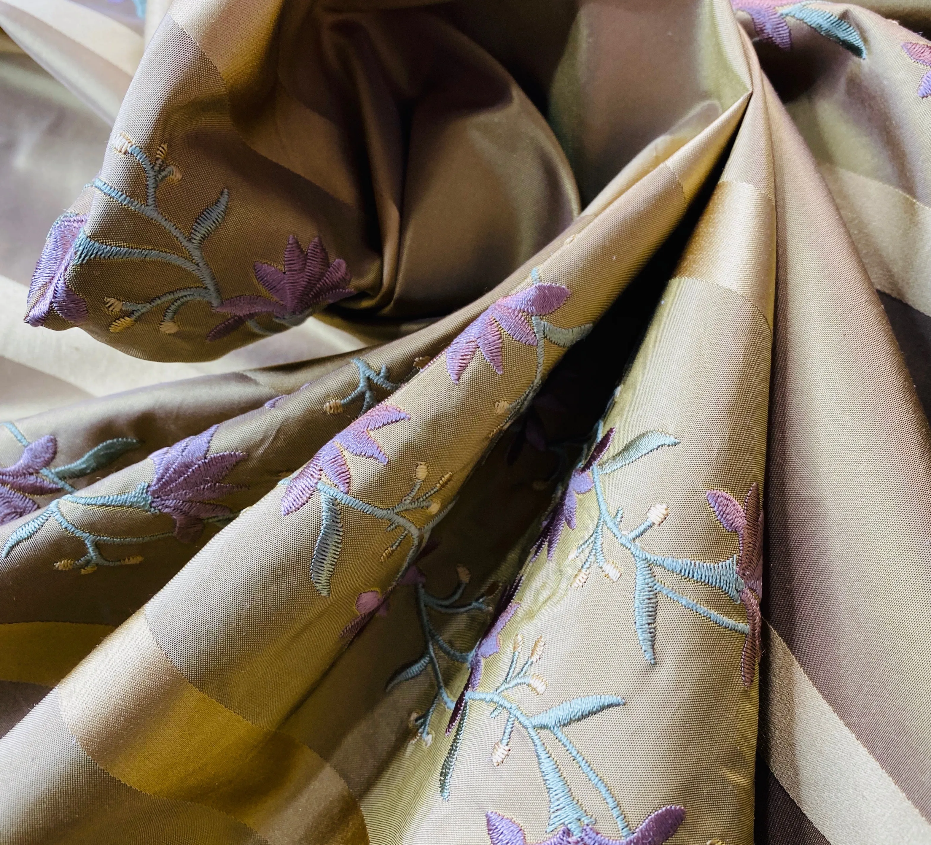 NEW Duchess Adele Designer 100% Silk Taffeta Ribbon Stripe Embroidered Floral Fabric in Gold and Lavender