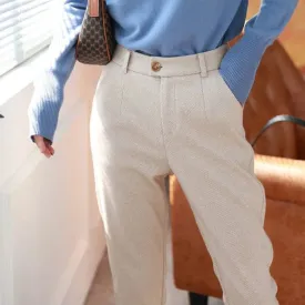 Office Lady Pants - Stylish High Waist Winter Pants with Button Fly Closure & Decorative Buttons