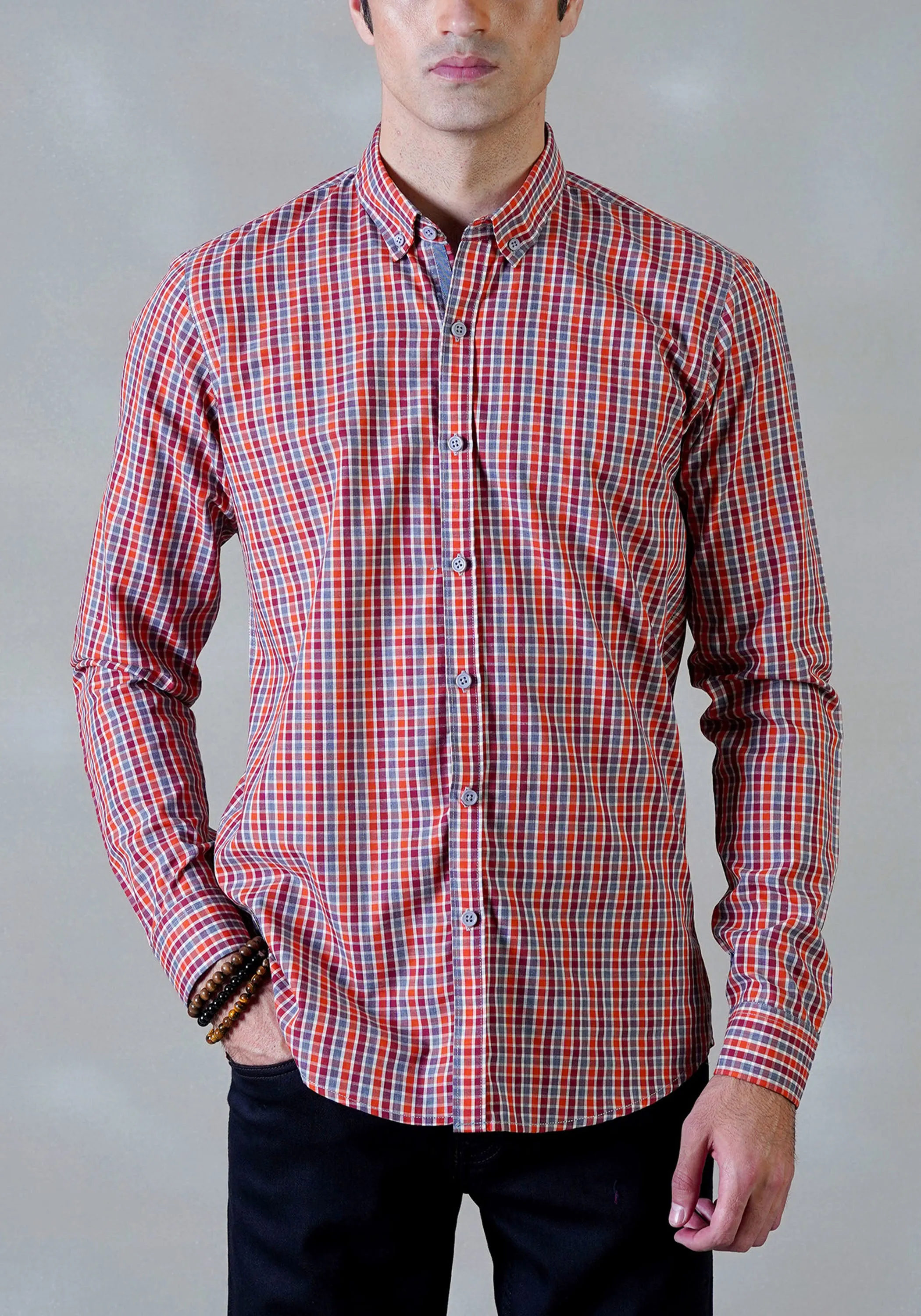 Orange Checkered Casual  Shirt