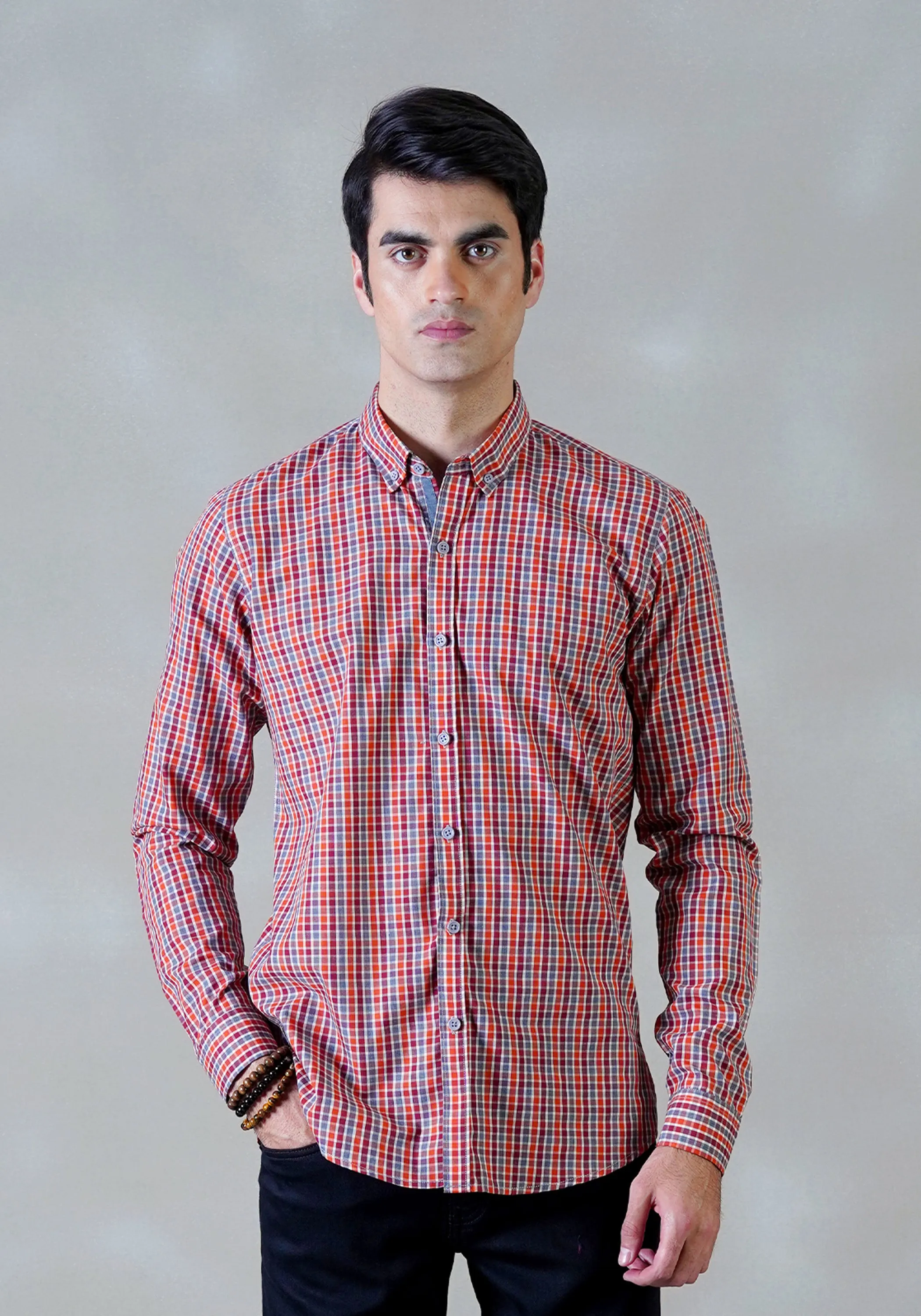 Orange Checkered Casual  Shirt