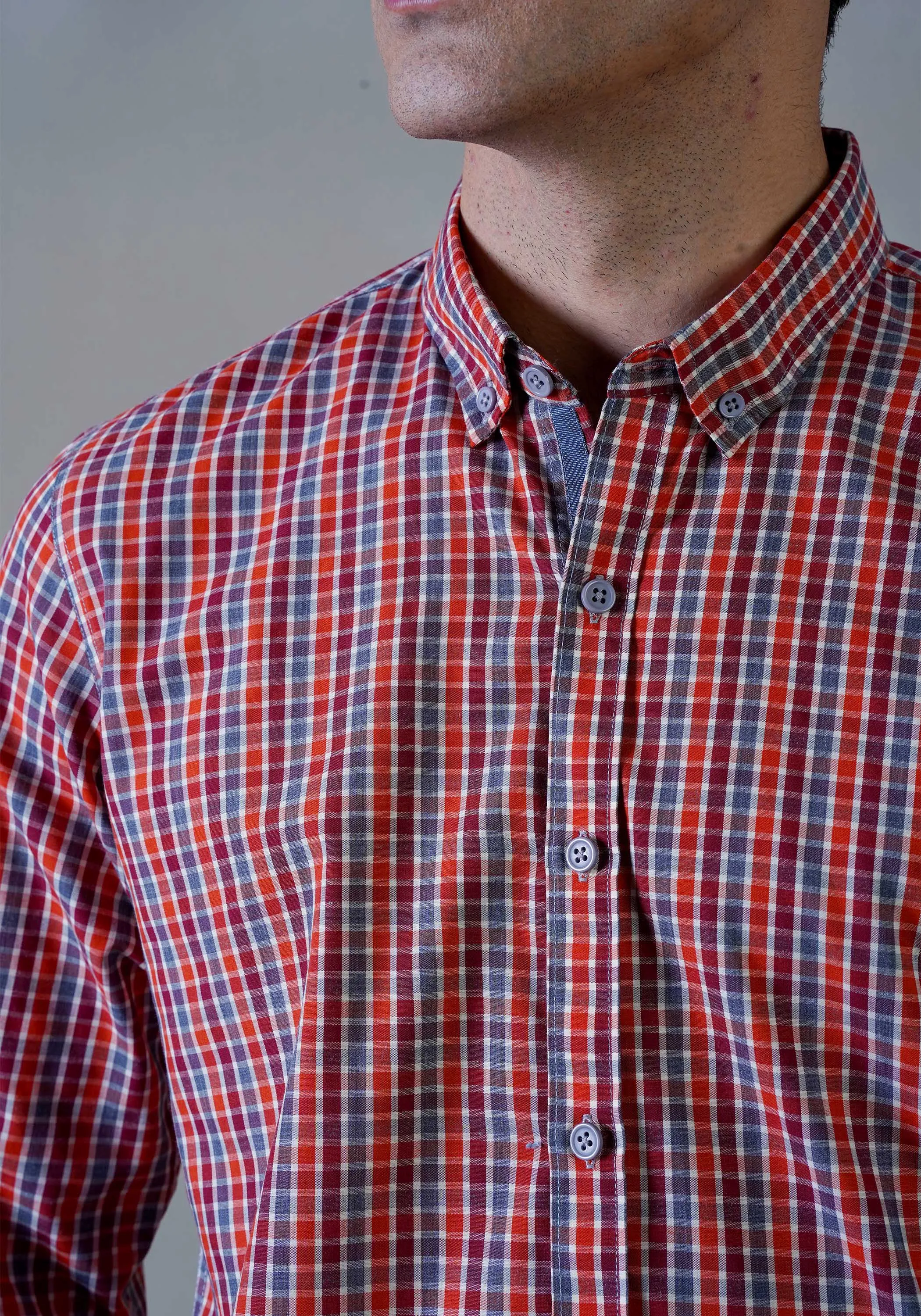 Orange Checkered Casual  Shirt