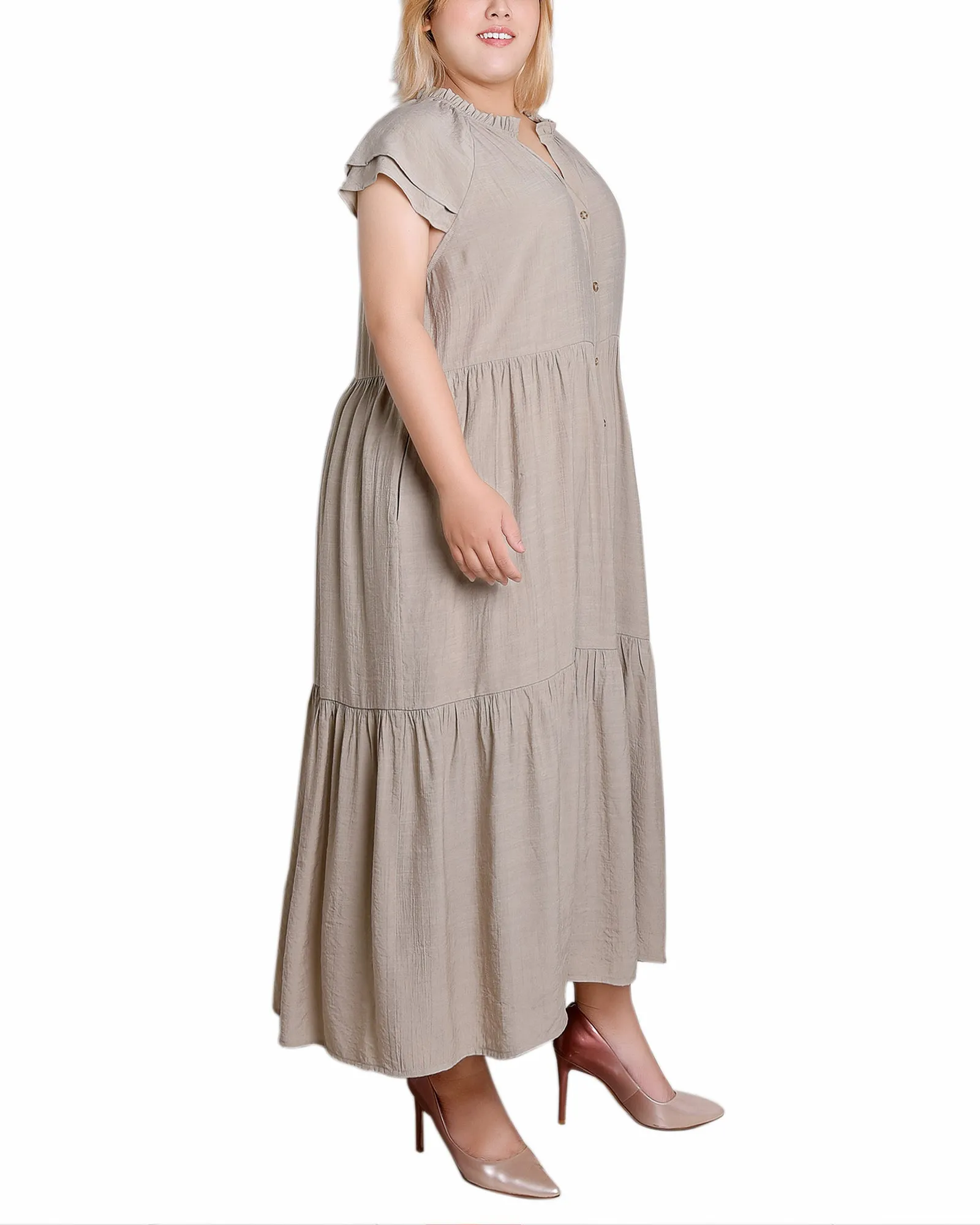 Plus Size Short Sleeve Slubbed Midi Dress