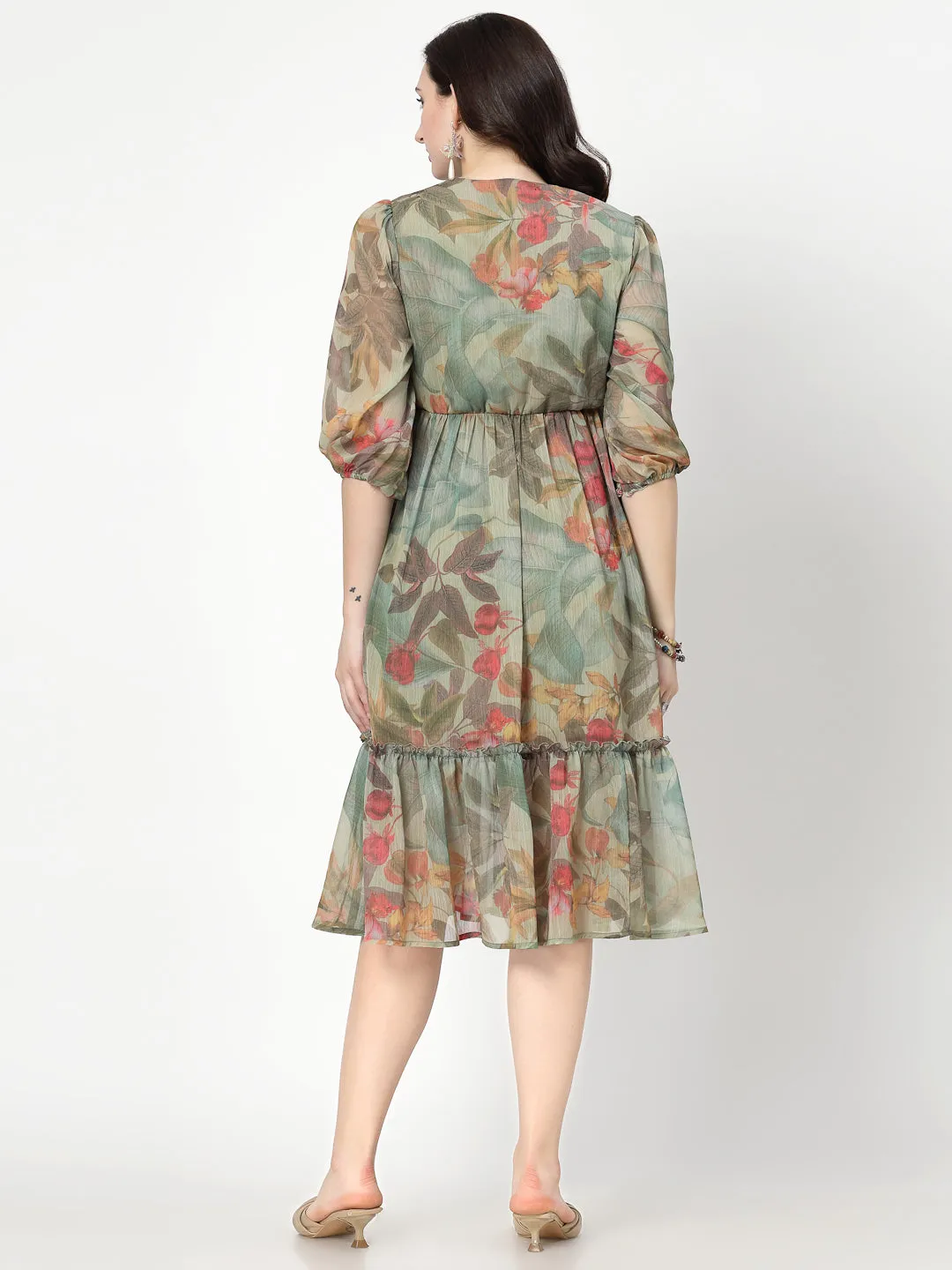 Printed Olive Floral Fit & Flare V Neck Dress For Women