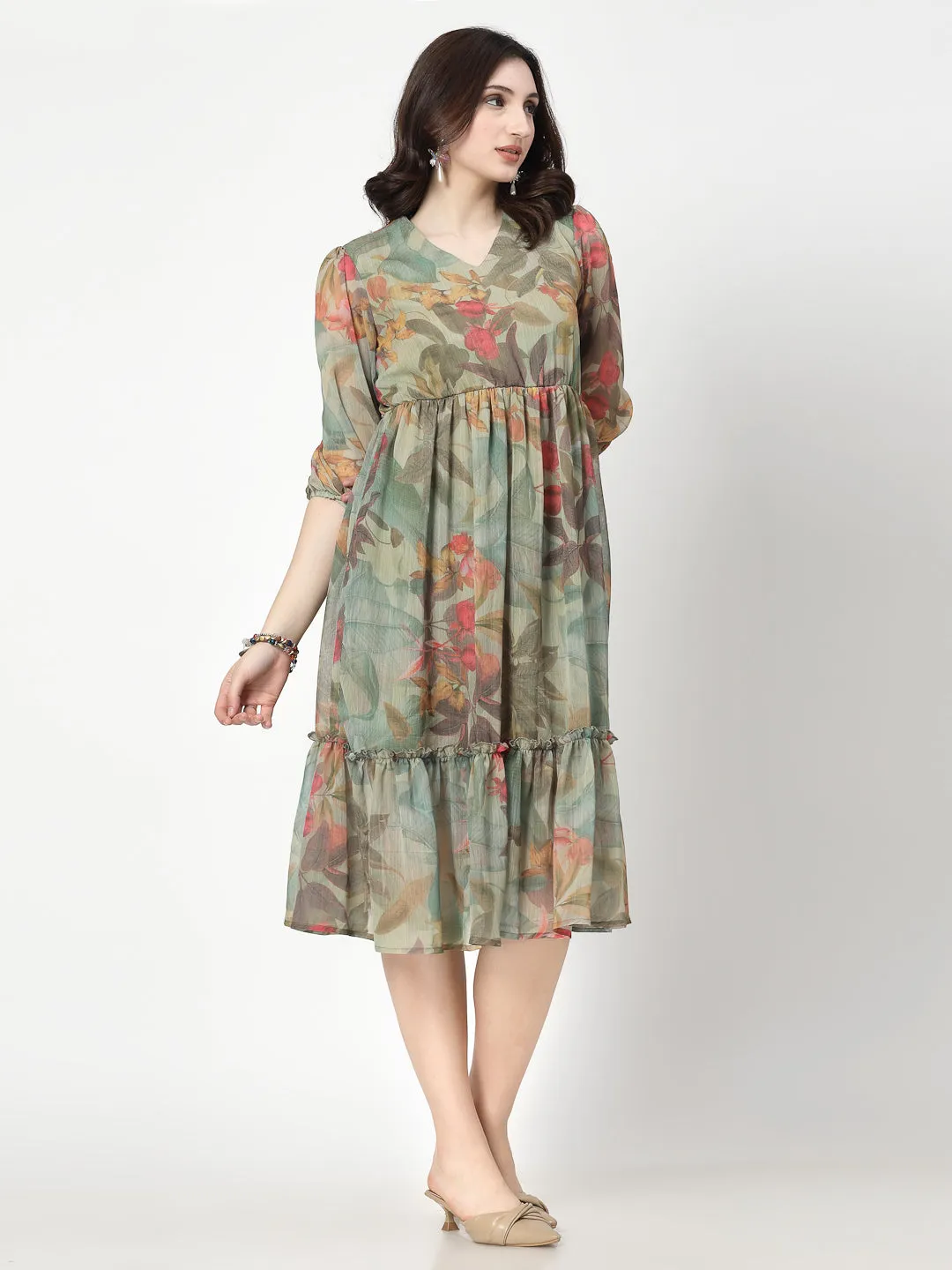 Printed Olive Floral Fit & Flare V Neck Dress For Women