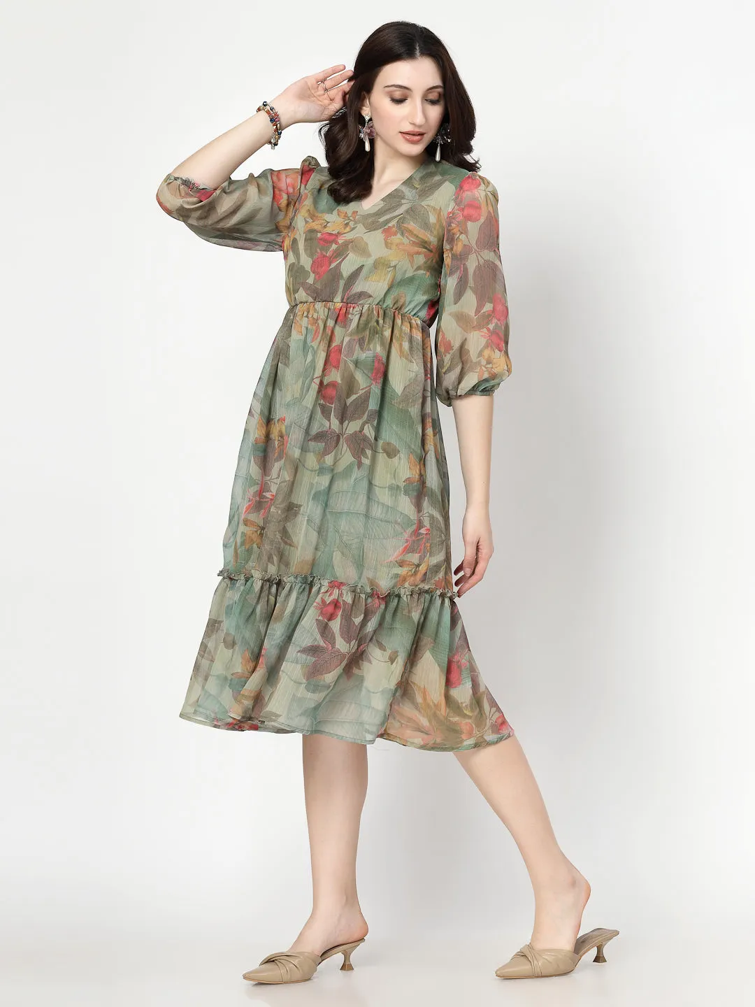 Printed Olive Floral Fit & Flare V Neck Dress For Women