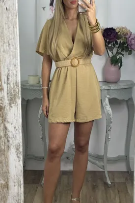 Raffia Belt V-Neck Puff Sleeve Playsuit