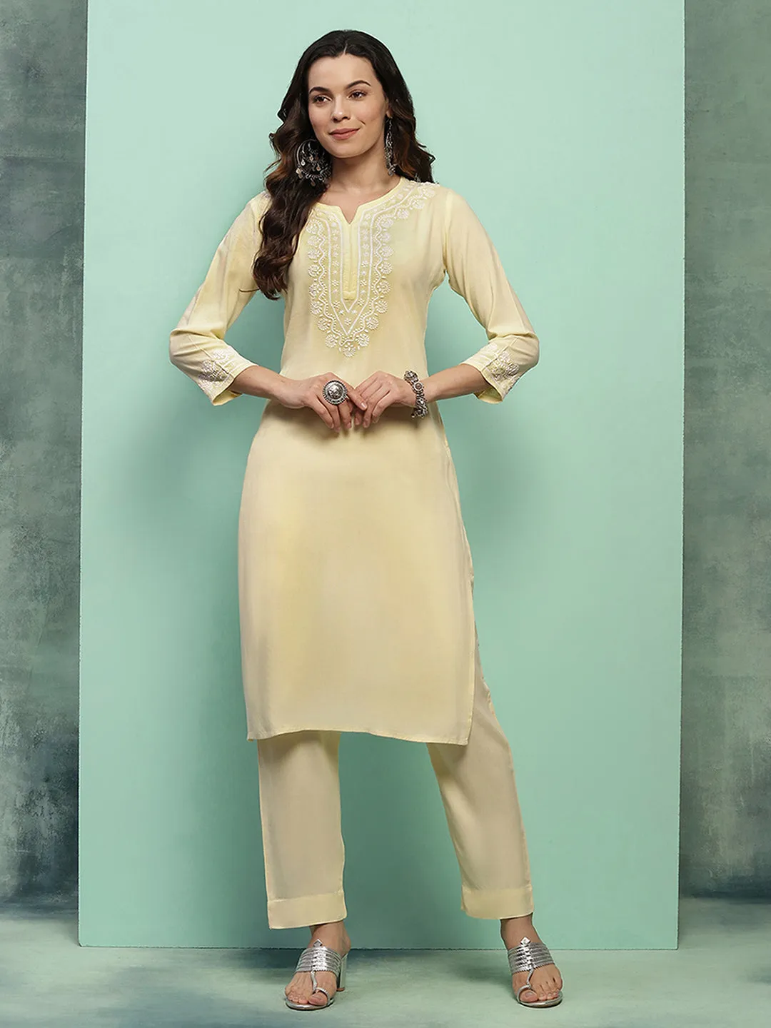 Rayon Chikankari Solid Women's 2 PC Long Kurta Set - Light Yellow