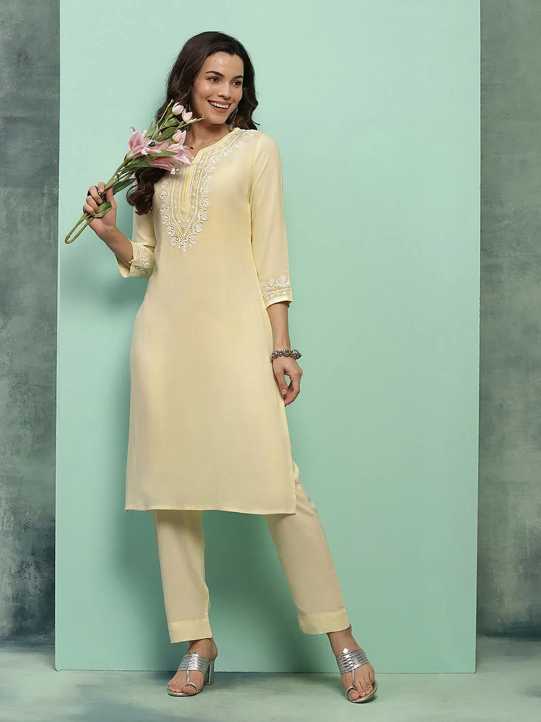 Rayon Chikankari Solid Women's 2 PC Long Kurta Set - Light Yellow