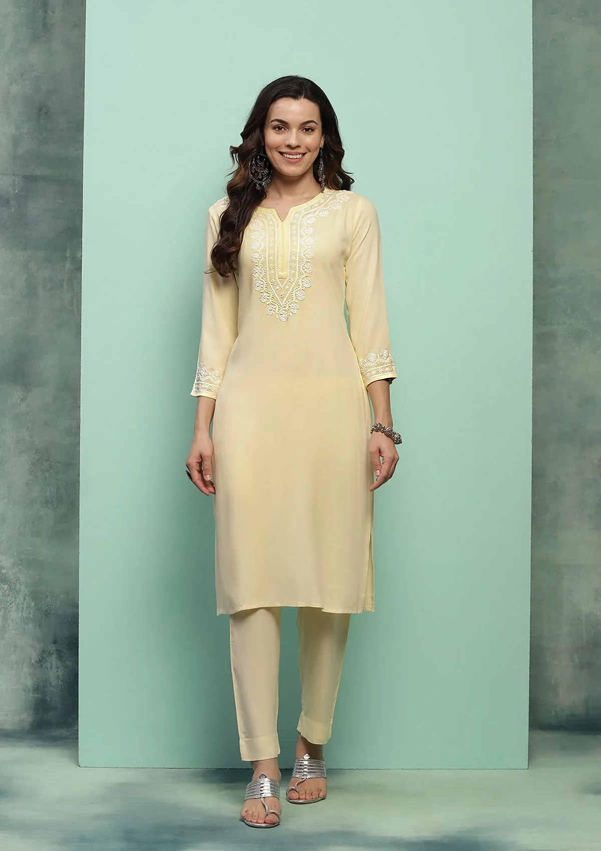 Rayon Chikankari Solid Women's 2 PC Long Kurta Set - Light Yellow