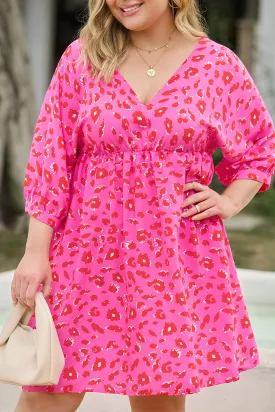 Rose Plus Size 3/4 Sleeves V Neck Leopard Dress