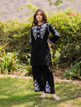 Saba Chikankari Co-ord Set in Cotton Cambric - Black With White