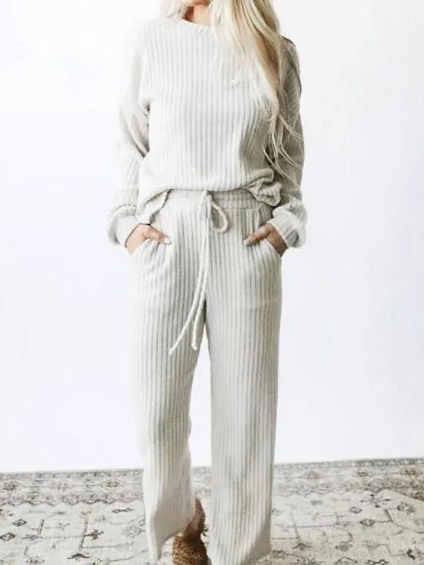 Sets Solid Long Sleeve Top & Pants Casual Two Piece Set for Women