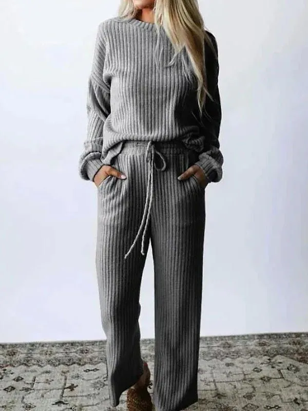 Sets Solid Long Sleeve Top & Pants Casual Two Piece Set for Women