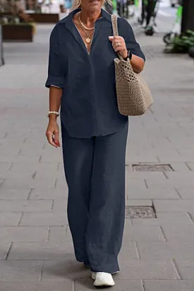 Two Piece Set Lapel Long-Sleeved Shirt Casual Solid Color Wide-Leg Pants Suit