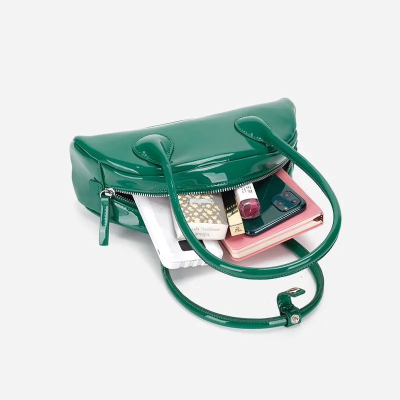 Versatile Half-Round Shoulder Bag with Glossy Finish and Long Handle