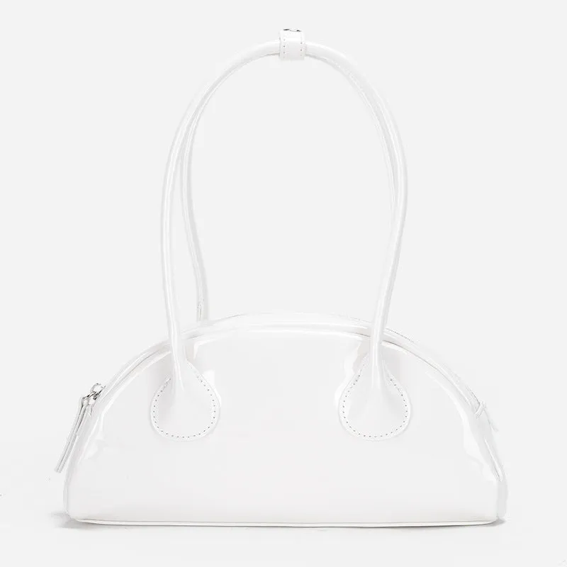 Versatile Half-Round Shoulder Bag with Glossy Finish and Long Handle