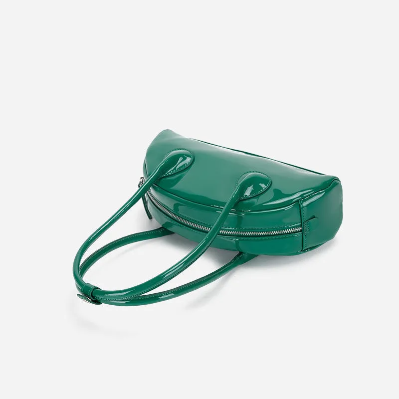 Versatile Half-Round Shoulder Bag with Glossy Finish and Long Handle