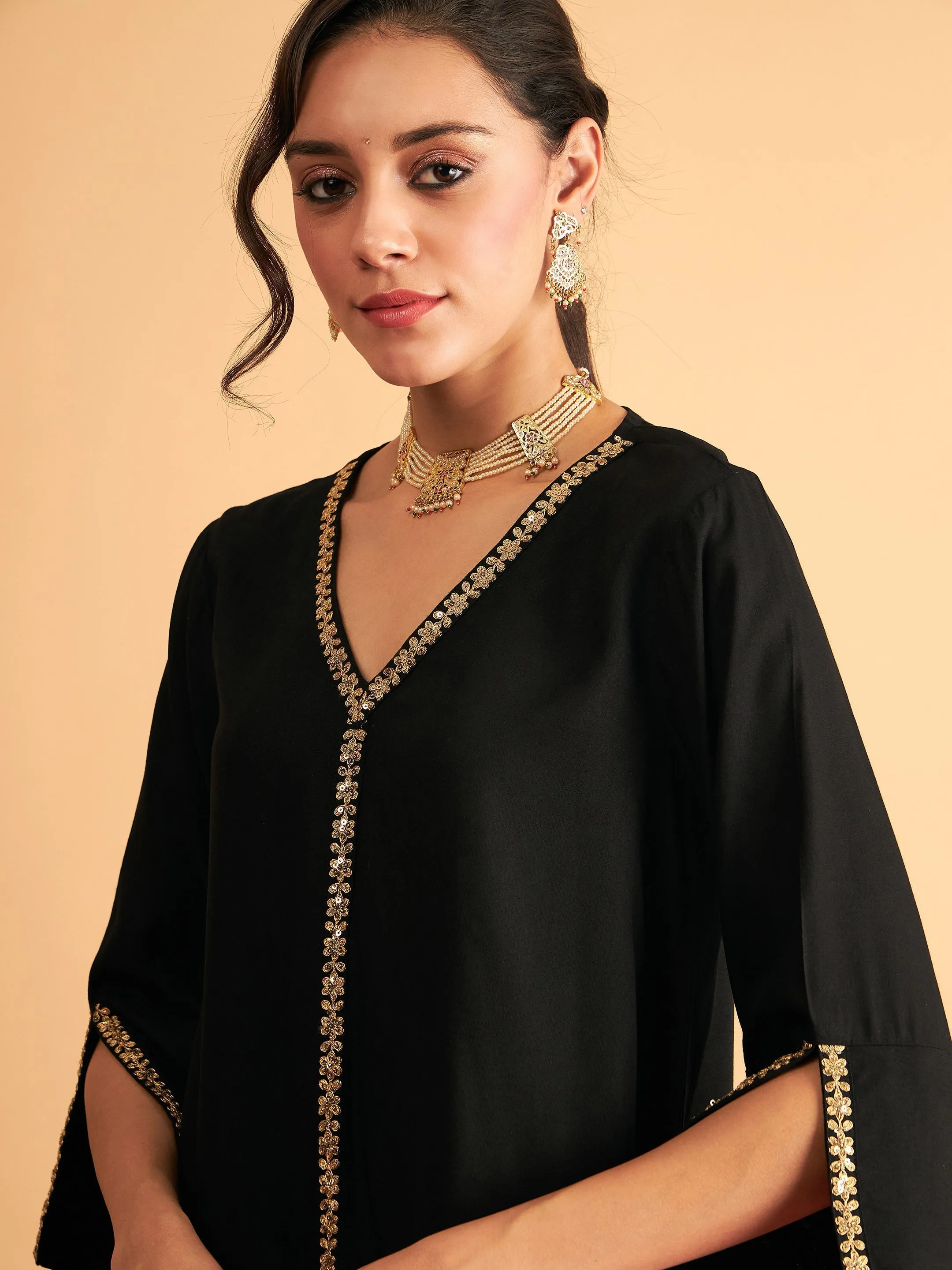 Women Black Embroidered A Line Top With Straight Pants