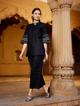 Women Black Embroidered Sleeve Shirt Kurti With Palazzos