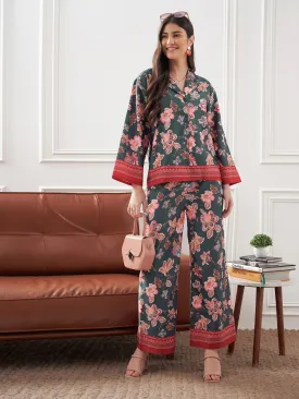 Women Grey & Rust Floral Notch Collar Shirt With Lounge Pants