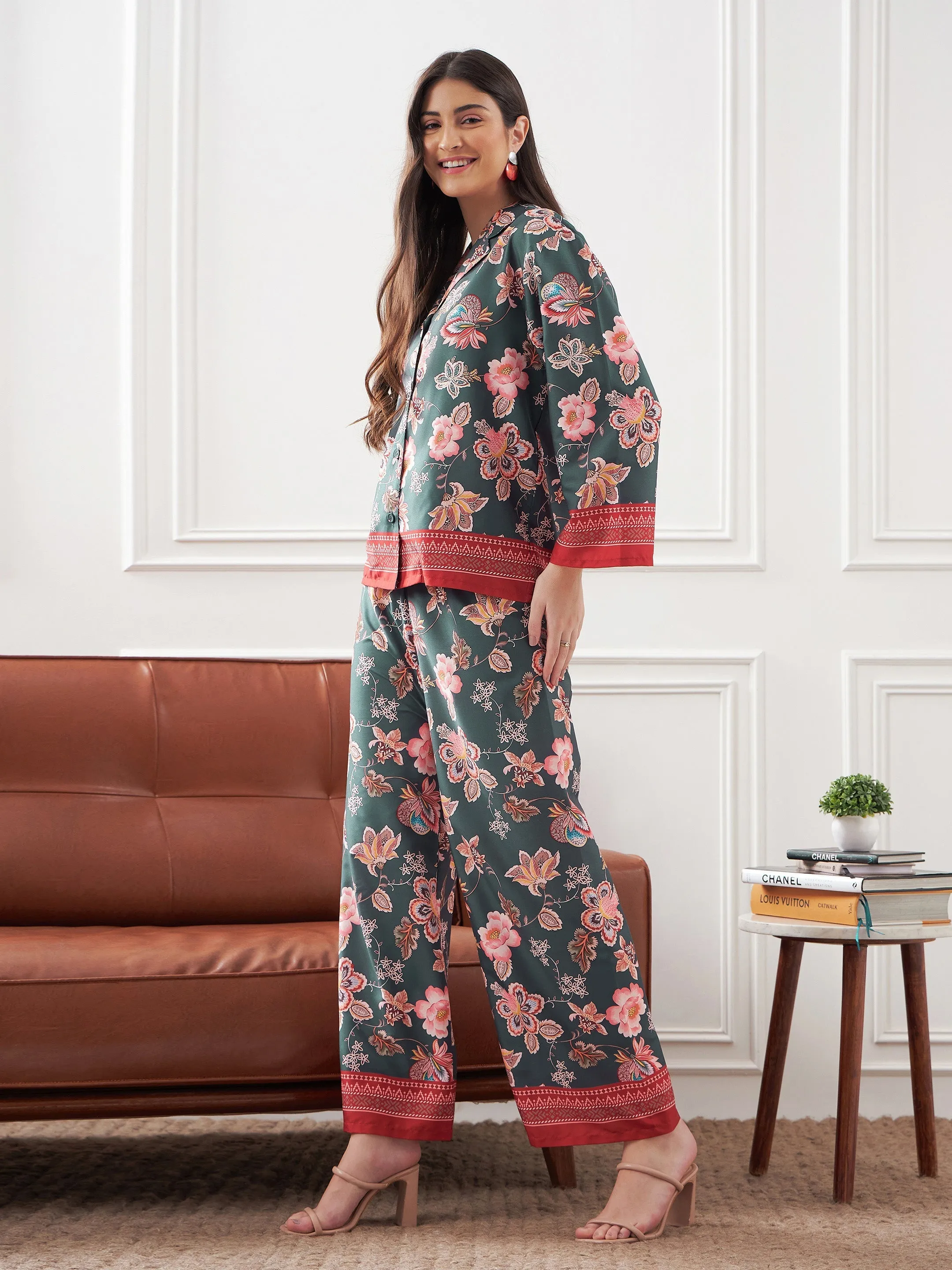 Women Grey & Rust Floral Notch Collar Shirt With Lounge Pants