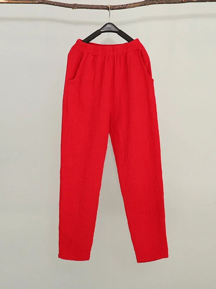 Women Pure Color Elastic Waist Pocket Cotton Pants