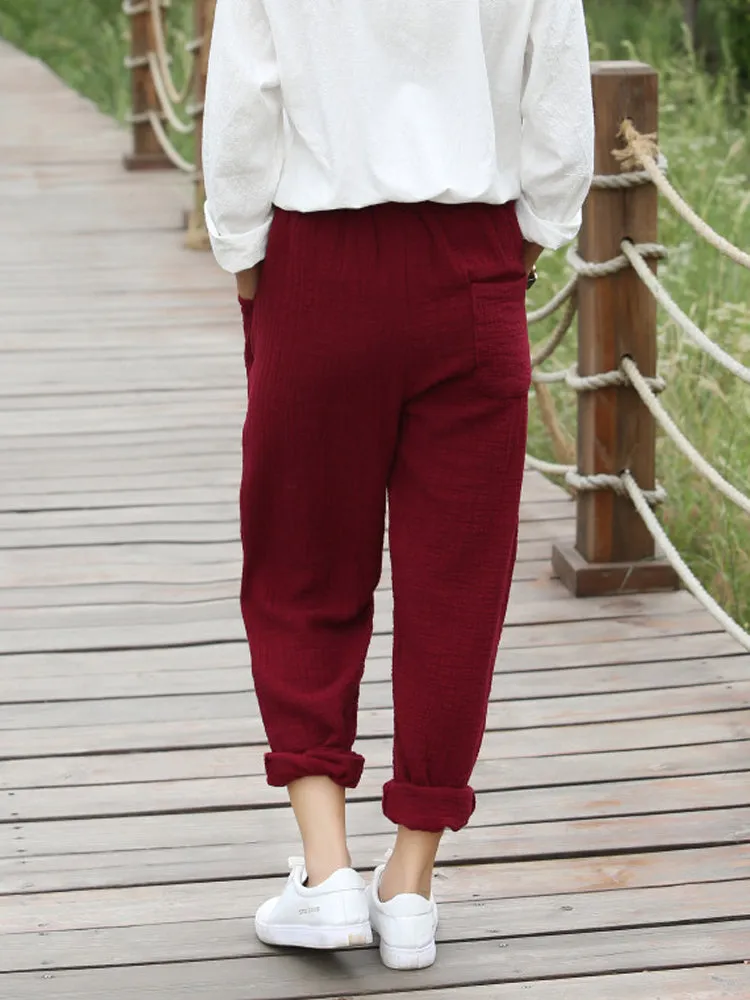 Women Pure Color Elastic Waist Pocket Cotton Pants