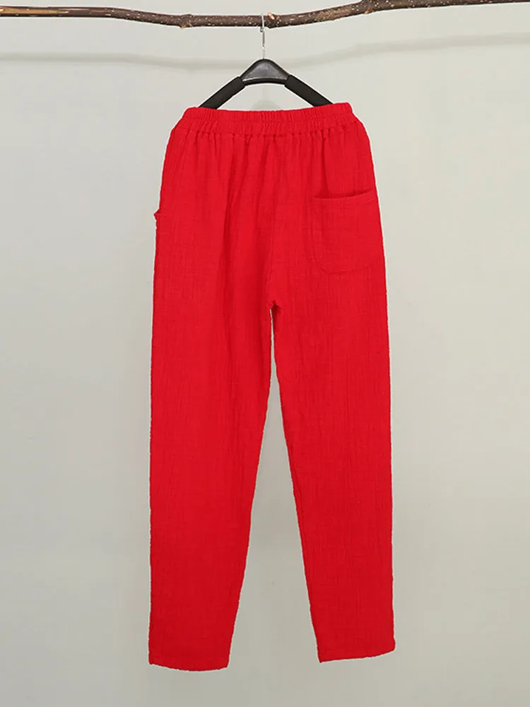 Women Pure Color Elastic Waist Pocket Cotton Pants