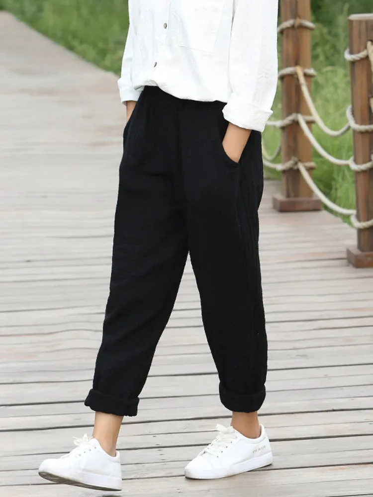 Women Pure Color Elastic Waist Pocket Cotton Pants