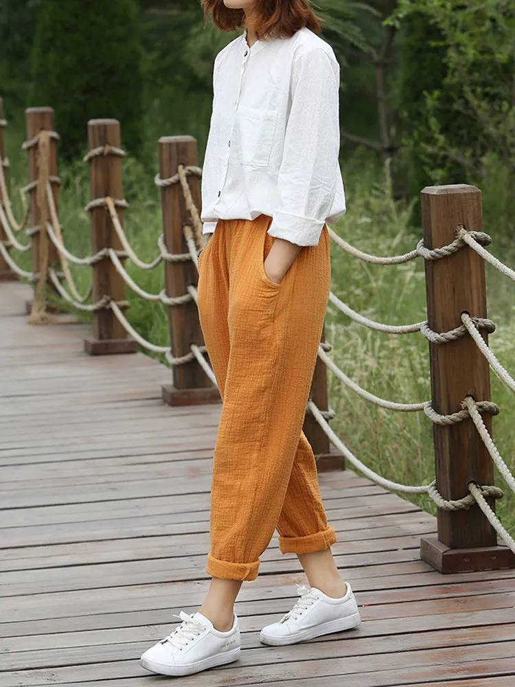 Women Pure Color Elastic Waist Pocket Cotton Pants