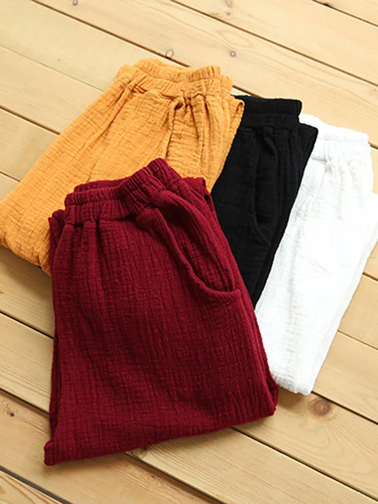 Women Pure Color Elastic Waist Pocket Cotton Pants